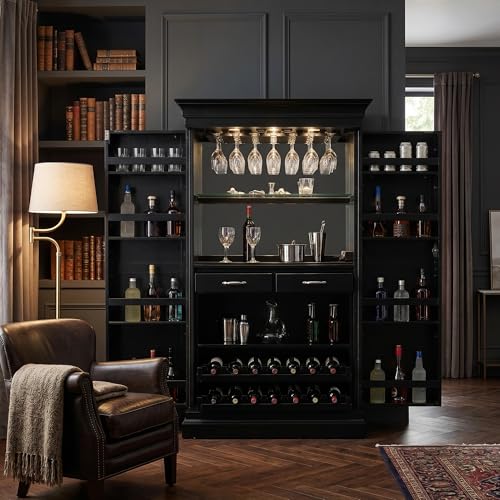 Image of APRODZ Solid Mango Wood Bar Cabinet for Home and Bar | Nucla Style Wooden Wine Storage Rack with Drawer, Glass Holder & Bottle Organizer Drink Wine Rack Organizer for Living Room,Black