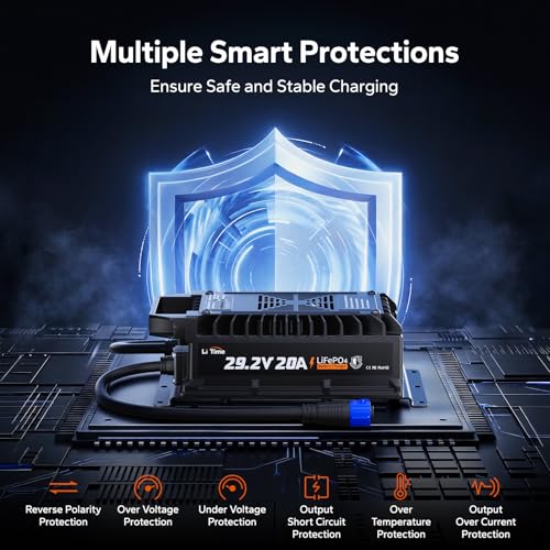 Image of LiTime 24V 20A LiFePO4 Battery Charger, IP67 Waterproof 24V Lithium Battery Charger with Battery Activation, Smart 3-Stage Charger for RV, Marine, Trolling Motor & Off-Grid