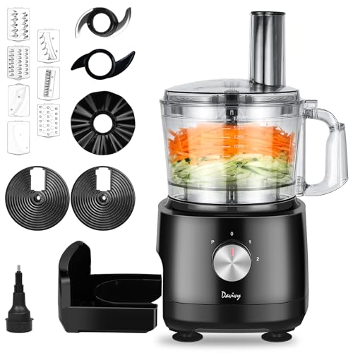 Davivy 7-Cup Food Processor with Built-in Storage Drawer | 600W Motor, 10-Blade Set for French Fries, Wavy Slicing, Dough Kneading | 3-Speed Compact Chopper for Home Kitchen Meal Prep, Black