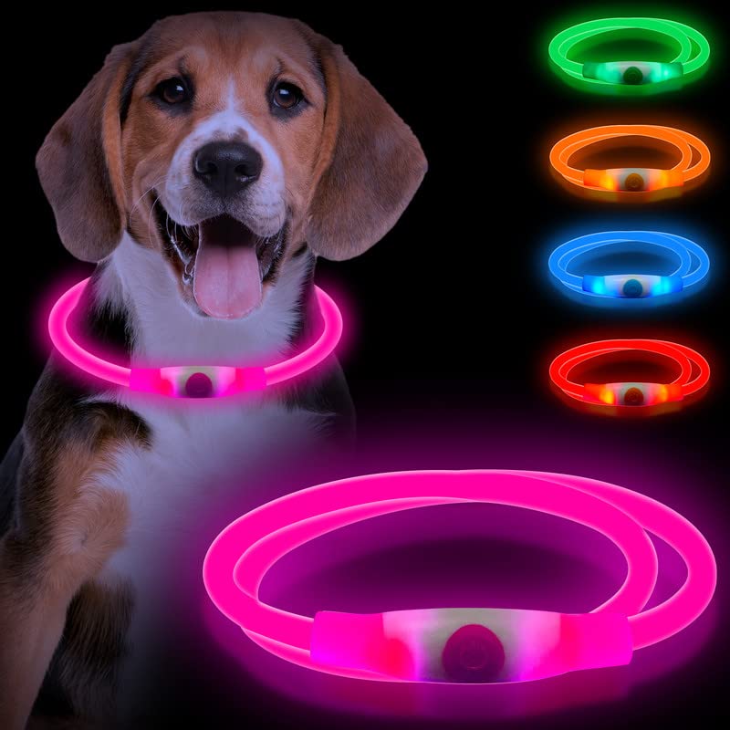 Sofore Collare Luminoso per Cani,Luz de Collare Luminoso Per LED Para la Oscuridad,USB Recargable 3 Modos de Flash Collare Luminoso per Cani Ricaricabile Tamaño Ajustable,Adecuado para Perros,Rosa