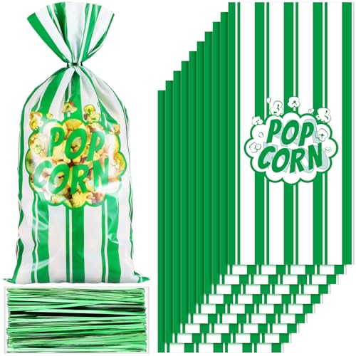 Image of 200 Pcs Popcorn Bags Bulk Movie Night Pop Corn Plastic Bags for Popcorn Machine Pop Corn Snack Containers with Twist Ties for Carnival Graduation Party Supplies (Fresh,Green)