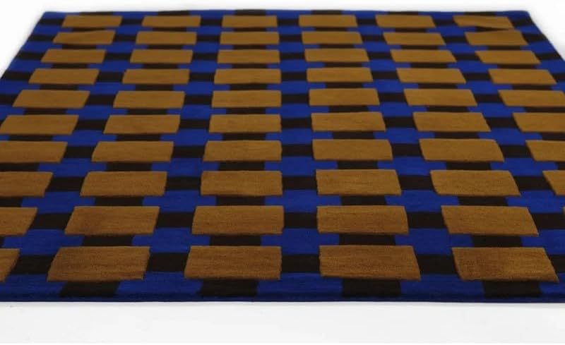 10x14 Ft Hand Tufted Wool Area Rug, Modern Geometric Checkerboard Blue Black & Mustard Square Design, Handmade Carpet for Living Room Bedroom Home Décor