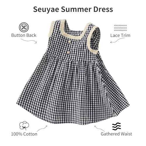 Girls Plaid Gingham Sleeveless A Line Dress Square Neck Lace Trim Dresses3