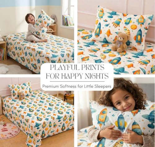 Image of RD FABS Glace Cotton Wrinkle Free Soft Hypoallergenic Single Bed Sheet with 1 Pillow Cover | Cartoon Printed Rocket Design for Boys & Girls Room | 60x90 Inches | White | 144 TC
