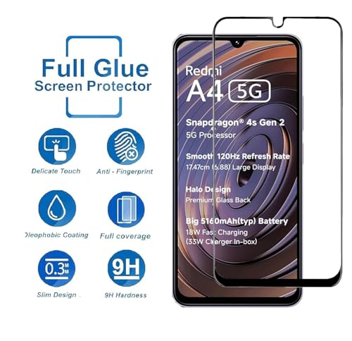 Image of SENBUN Tempered Glass Screen Protector Compatible for Redmi A4 5G with Edge to Edge Coverage and Easy Installation Kit, Pack of 1, Black