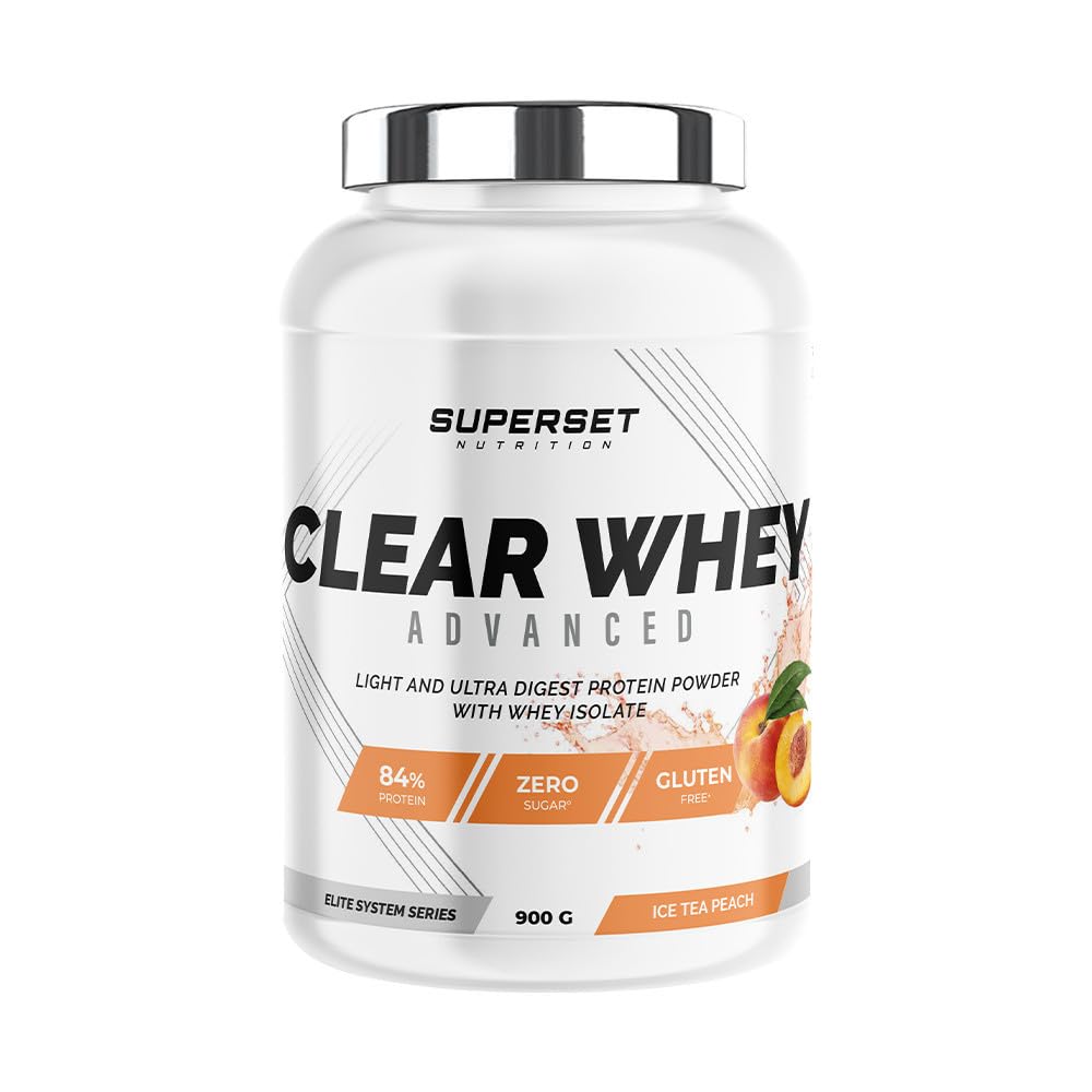 Superset Nutrition - Clear Whey Advanced 900g - Protéine Isolat Ultra légère 84% - Raffraichissante Riche en BCAA & L-Glutamine - Effet de satiété - Faible en Calories - Goût Ice Tea Pêche