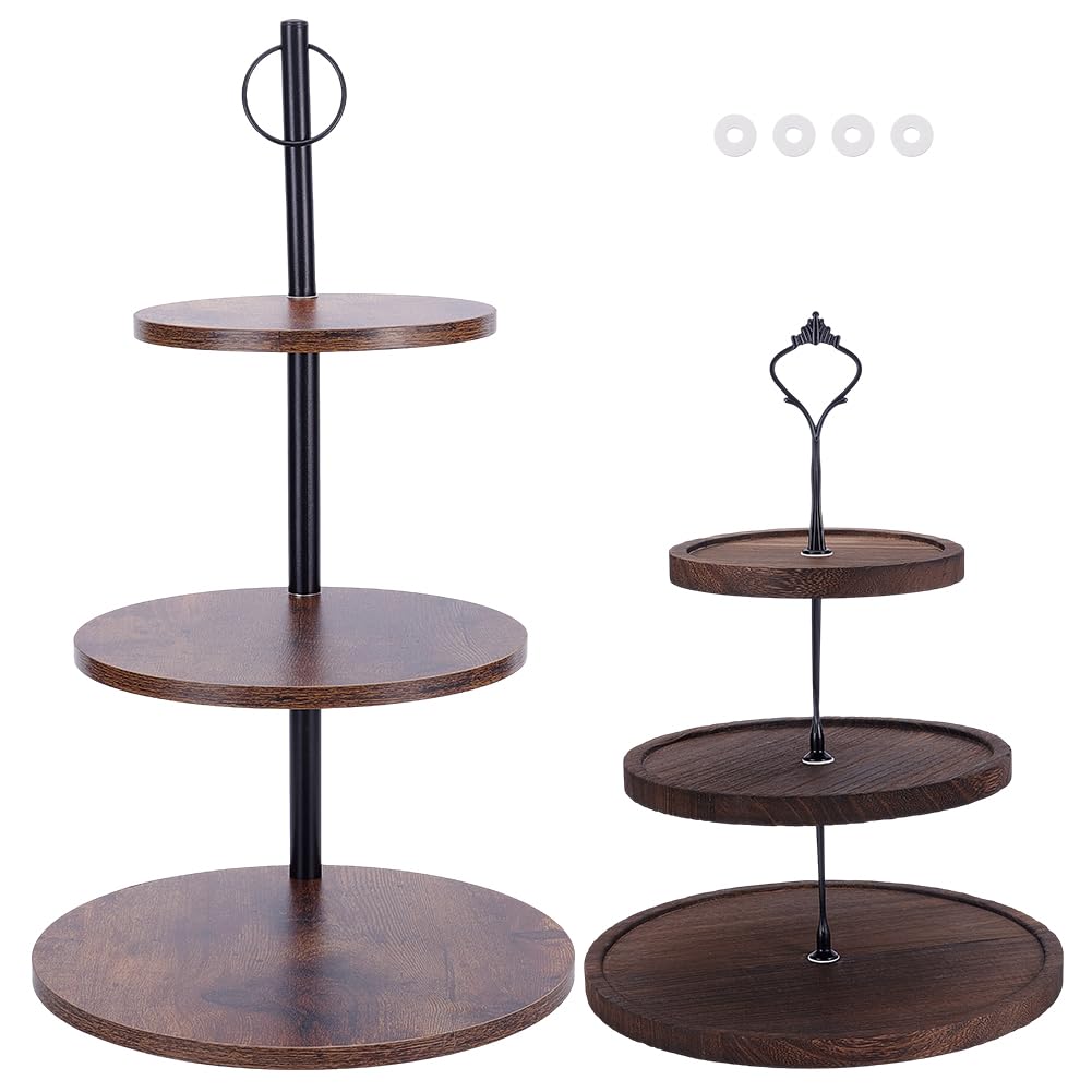 AHANDMAKER Lot de 2 présentoirs à cupcakes à 3 étages en bois pour mariage, anniversaire, remise de diplôme, fête, dessert, décoration de table, selle marron