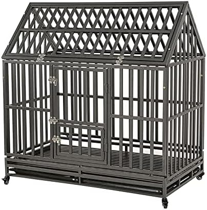 KELIXU 48" Heavy Duty Dog Crate Large Dog cage Dog Kennels and Crates for Large Dogs Indoor Outdoor with Double Doors, Locks and Lockable Wheels, Black