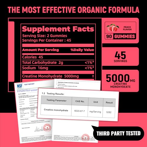 Image of NSF Certified Creatine Gummy - Creatine Monohydrate Gummies 5g for Men & Women - Boost Focus,Strength, and Endurance, Vegan, Gluten-Free, Non-GMO, 2.5 Gram Creatine per Gummy (Peach 90 ct)