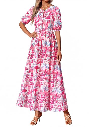 Image of KIRUNDO Maxi Dresses for Women 2026 3 /4 Sleeve Summer Dress | Spring Boho Floral, Drawstring Tie Neck, Loose Fit, Elastic Waist, Pockets, Wedding Guest, Beach Vacation Flowy Long Dress