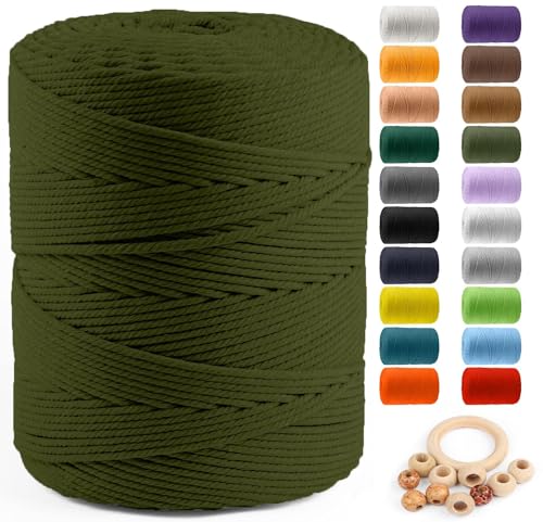 Image of ZUEXT Macrame Cord, Army Green, 4mm x 547yds Cotton String Macrame Yarn | Natural Handmade, 4 Strands Twisted Cotton Rope, for Craft Wall Hanging Weaving Tapestry Dream Catchers Hanger DIY Gift, 500m