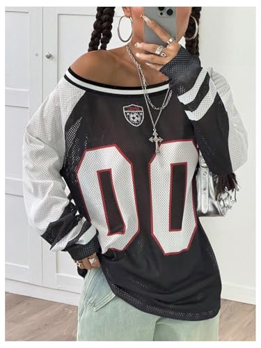 SHENHE Women's Oversized Mesh Jersey Shirt Y2k Long Sleeve Off Shoulder Graphic Tee Top4