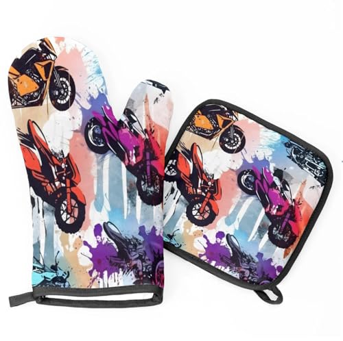 Watercolor Motorcycles Oven Mitts Kitchen Oven Gloves for Cooking Baking Heat Proof Lining Cotton Kitchen Potholder Mittens Pot Holders Hot Pads for Chef Women Men