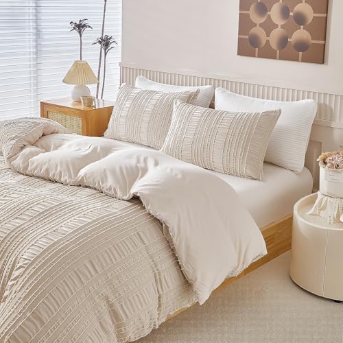 YASMENG Seersucker Bettwäsche 135x200 Beige Gestreift Getuftet Seersucker...