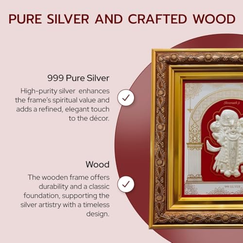 Image of BHAGWATIJEWELS 999 Pure Silver Shrinathji Frame | Divine Home Decor | Wall Mount Square Photo for Gift, Wooden PhotoFrame for Temple & OfficeDecor, SilverGift Items | hangingframe (10.50 inch x 9 inch Inch)