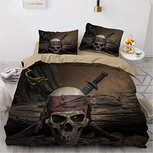 Pirata Calavera Cuchillo 3D Imprimir Funda Nordica Juego Vintage Esqueleto Juego De Cama Retro Terror PoliéSter Ropa De Cama Adulto NiñOs, 230x220cm, 3 Piezas (1 Funda NóRdica 2 Funda Almohada)
