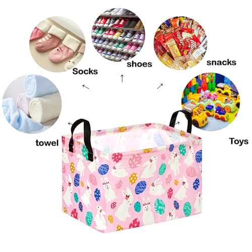 Image of Rectangle Gift Storage Basket Home Shelf Storage Basket Organizer Box Clothes Laundry Hamper Nursery Basket Laundry Basket with Handles (Pink White-Bunny)