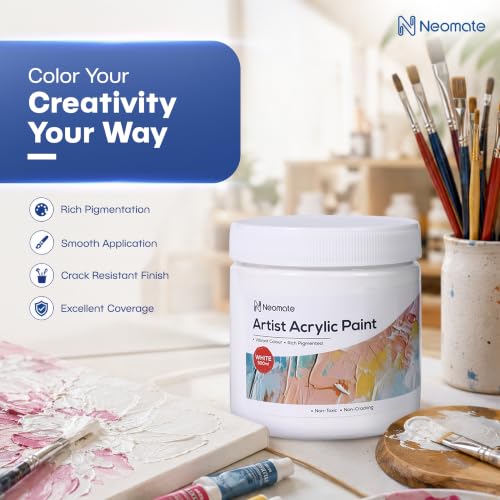 Image of Neomate Acrylic Colour White 500ml | Art & Craft, DIY, Rich Pigment, Non-Craking Paint for Canvas, Wood, Leather, Earthenware, Metal | Ideal for school projects, Hobbyists, Artists