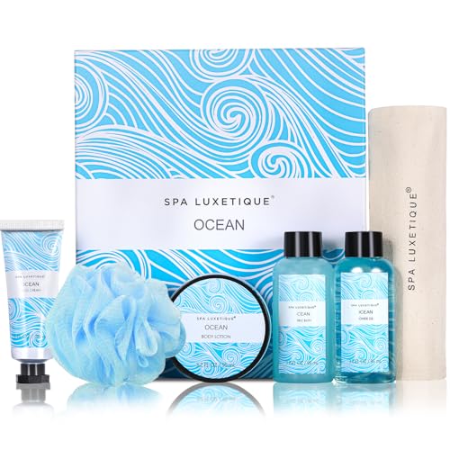 Spa Luxetique Juego de regalo de spa, juego de regalos de baño para hombres y mujeres, caja de regalo de viaje oceánico con gel de ducha, crema de manos, baño de burbujas, loción corporal, regalos de