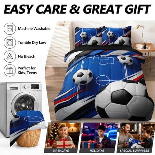 HICAND 5 Pcs Soccer Full Bedding Set for Boys Teens, Full Size Sports Blue Soccer Field Boys Comforter Set with Sheets — view 5