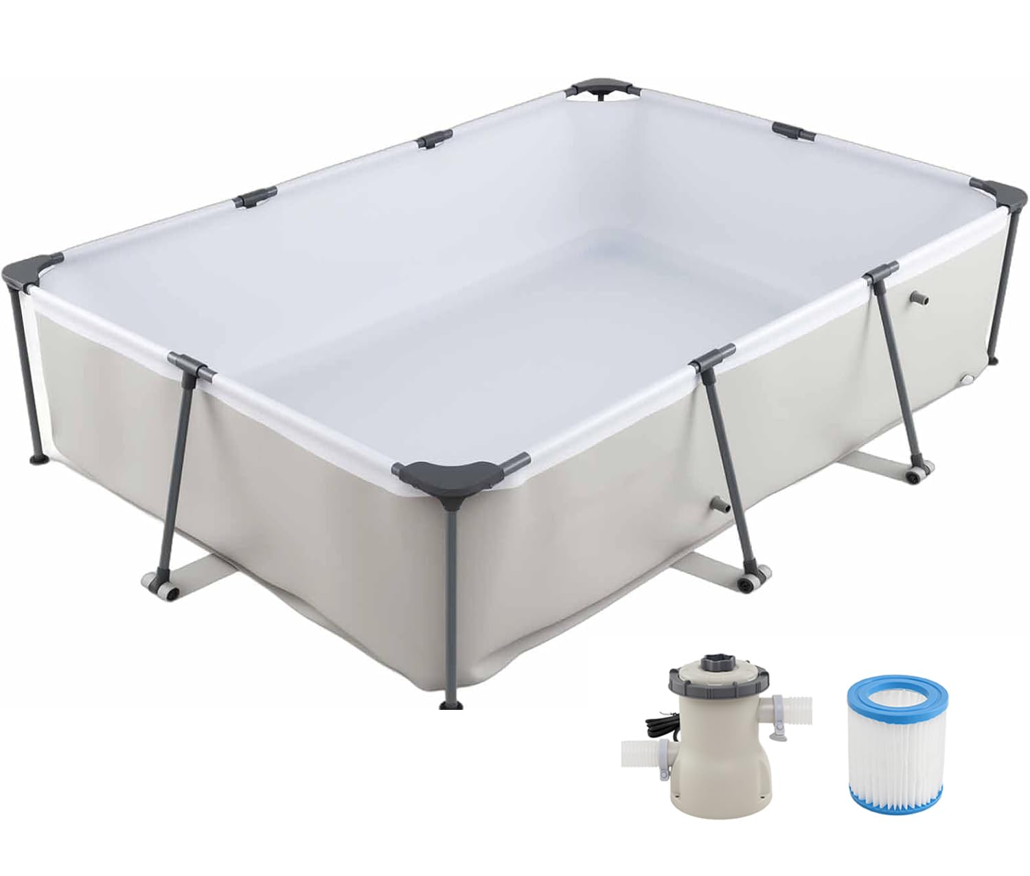 RELAX4LIFE Piscina Desmontable Rectangular 3701L con Estructura Metálica Revestida, Paredes PVC de 3 Capas, Depuradora y Bomba para 3-5 Personas, Piscina Rectangular para Niños, Montaje Rápido (Gris)
