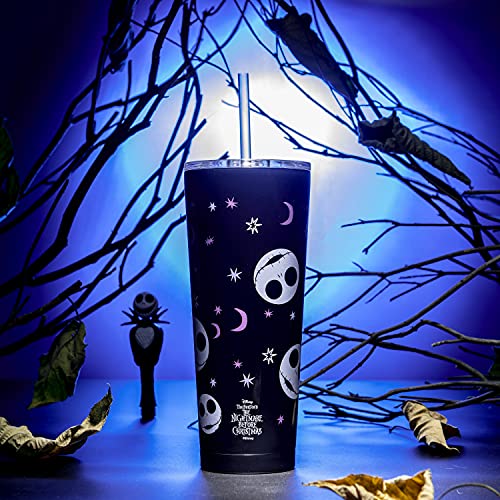 Image of Zak Designs Disney Vacuum Insulated Stainless Steel Travel Tumbler with Splash-Proof Lid, Includes Reusable Plastic Straw and Fits in Car Cup Holders (18 /8 SS, 25 oz, The Nightmare Before Christmas)