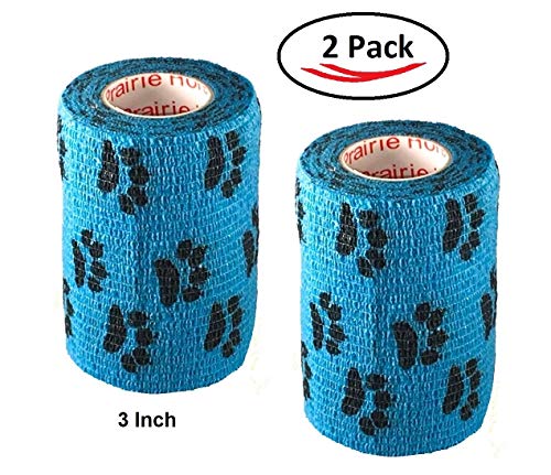 Image of Vet Wrap Wrap Tape (Blue with Paw Prints) (2 Pack) (4 Inch x 15 feet) Self Adhesive Adherent Adhering Cohesive Flex Self Stick Bandage Grip Roll Dog Cat Pet Horse