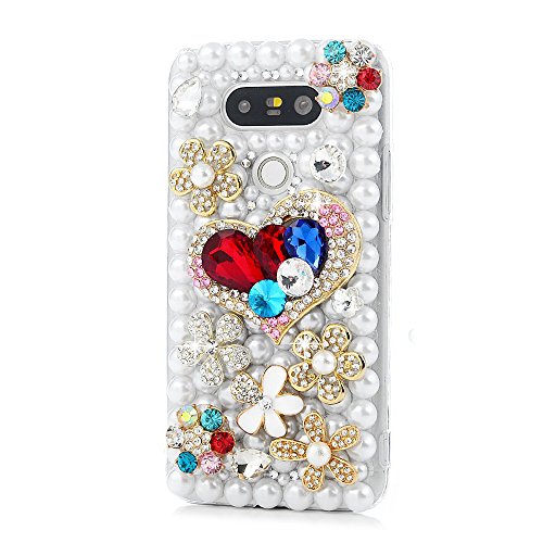 STENES Bling Case Compatible with LG Escape 2 Case - 3D Handmade Crystal Sweet Heart Flowers Floral Sparkle Rhinestone Cover - White