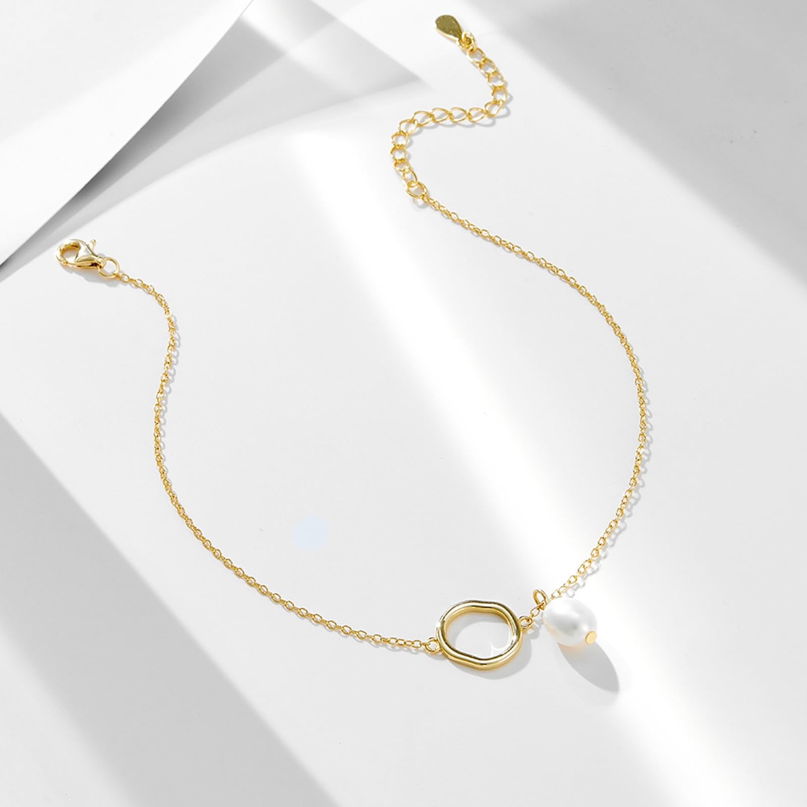 Pulsera tobillera con círculo irregular con perla para mujer, oro de 18 quilates con perla, pulsera tobillera para mujer, oro amarillo de 9 quilates, 14 y 18 quilates