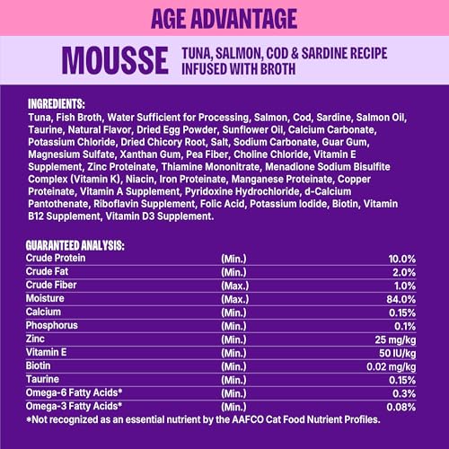 Image of Wellness Appetizing Entrees Age Advantage Mousse Senior Wet Cat Food, Natural, Protein Rich, Grain Free, Tuna, Salmon, Cod, and Sardine Recipe, 1.4 oz, Pack of 8 Pouches