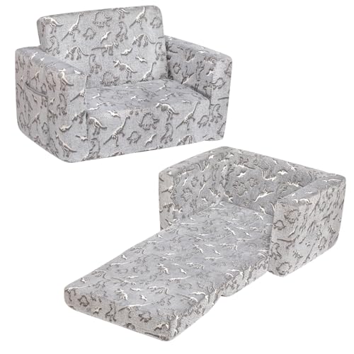 BEJOY Sofá Infantil Plegable 2 en 1, Cama y Sillón de Franela, para Habitación, Regalo de Cumpleaños y Día del Niño, Color Gris
