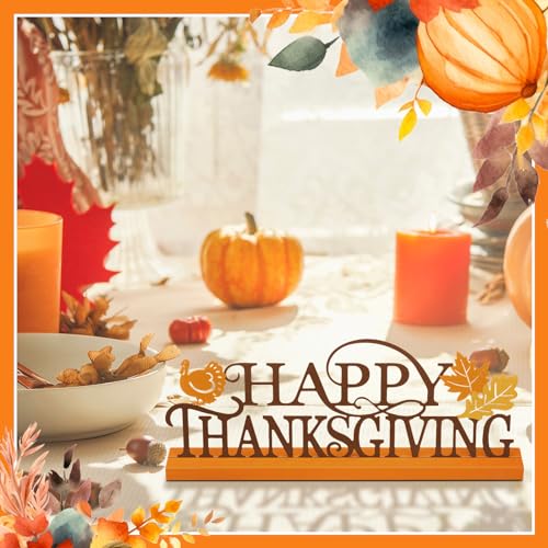 Happy Thanksgiving Table Decor Farmhouse Tabletop Block Sign Rustic Tiered Tray Decor with Wooden Base Freestanding Metal Word Sign and Wooden Pumpkin Cutout for Home Table Shelf Office - Image 3