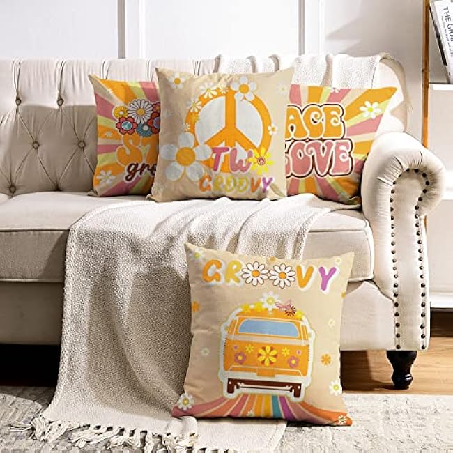 Whaline Groovy Hippie Boho Pillow Covers 18 x 18 Inch Retro Groovy Throw Pillow Cover Set of 4 Colorful Boho Daisy Flowers Linen Cushion Cover for Birthday Holiday Home Couch Sofa Decoration