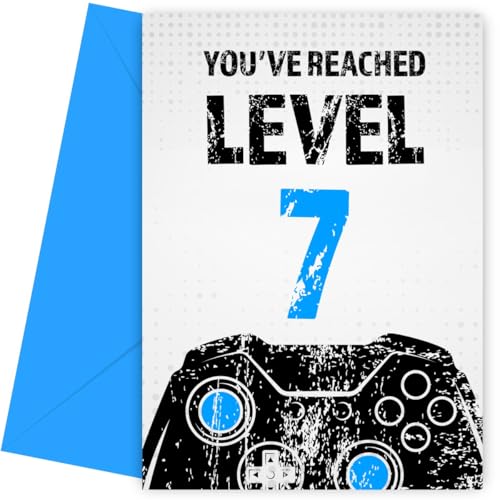 Gamer 7th Birthday Card for Boy - Black & Blue Reached Level 7 Bday Cards for Son, Great Grandson, Nephew or Brother. Gaming Happy Birthday Card for 7 Year Old
