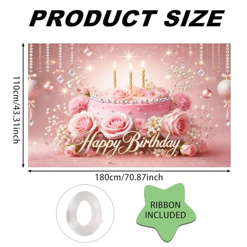 Image of Nuxovilar Luxury Birthday Banner Backdrop 71 inchx43 Polyester | Elegant Pink & Gold Floral Banner poster photo backdrop milestone decoration birthday hanging yard lawn living room
