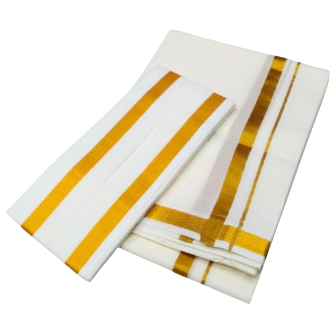TRADITIONAL SOUTH INDIAN MENS COTTON 4-MULAM WHITE DHOTI WITH GOLD ZARI BORDER WITH DOUBLE BORDERED ANGAVASTRAM (2.00 METER, SINGLE PIECE)-picture-18