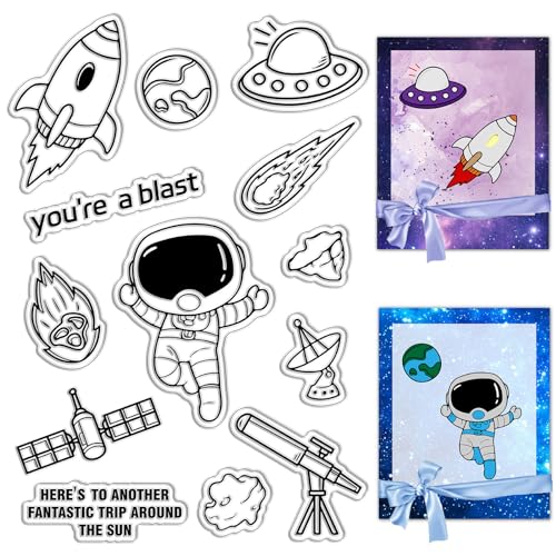 CRASPIRE Spaceship Clear Rubber Stamps Astronauts Rocket Space Telescope Word Transparent Postmark Silicone Seals Stamp Photo Album Decorative DIY Scrapbooking Paper Craft Film Frame