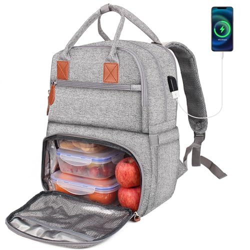 Laptop Lunch Backpack Insulated Cooler Backpack Lunch Box with USB Charging Port Rucksack for Men Women Laptop Backpack Computer Bag Meal Prep Backpack for Work Picnic College Travel - Grey