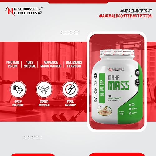 Image of Animal Booster Nutrition Maha Mass Gainer, 25 Grams of Protein in 90gm of Serving Helps in Gain Weight, Build Muscle & Fuel Energy - Kesar Pista Flavor (33 Servings /3KG)