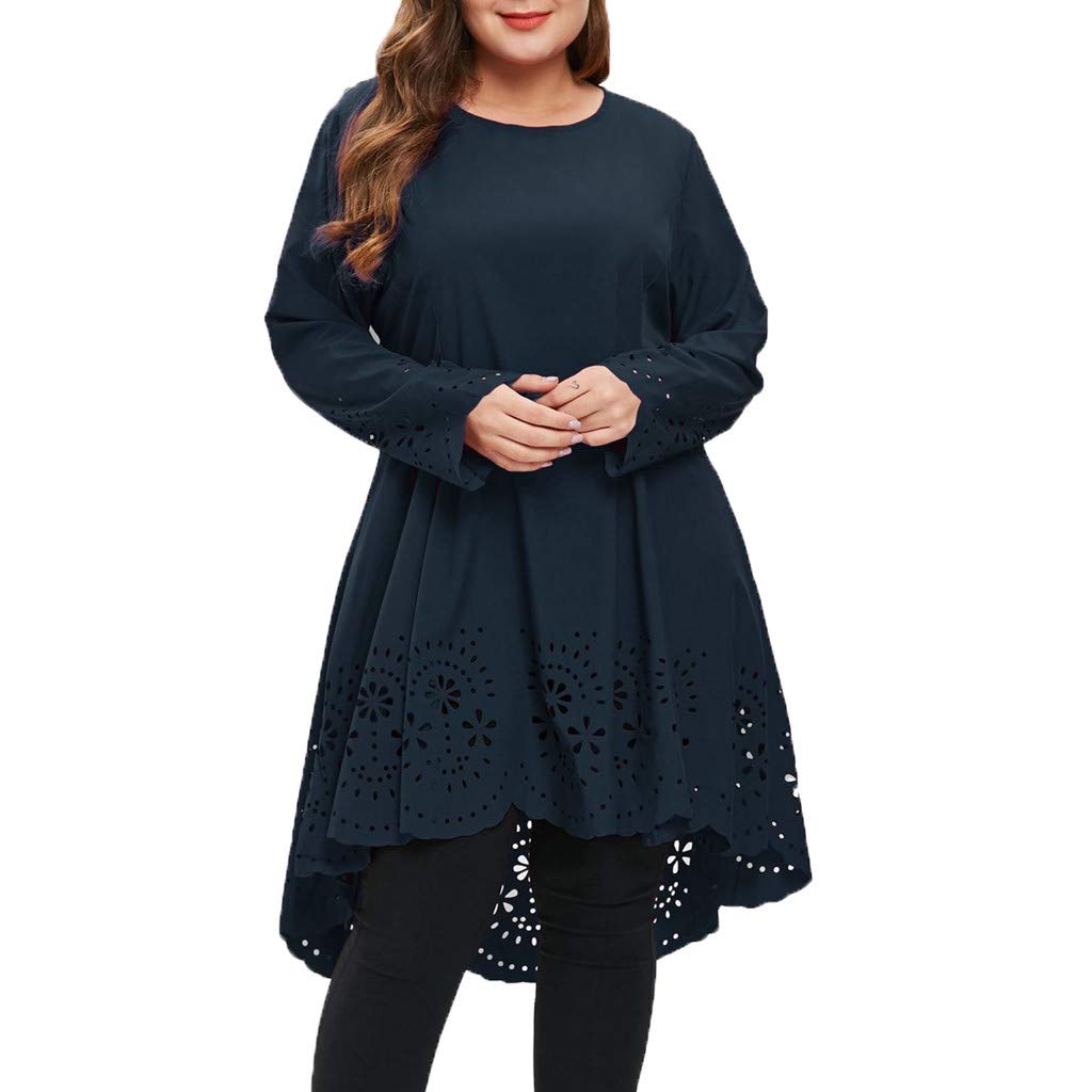 Women Openwork Flower Pattern Vintage Dress - Ladies Fashion Long Sleeve O-Neck Plus Size Cut High Low Hollow Out Dresses