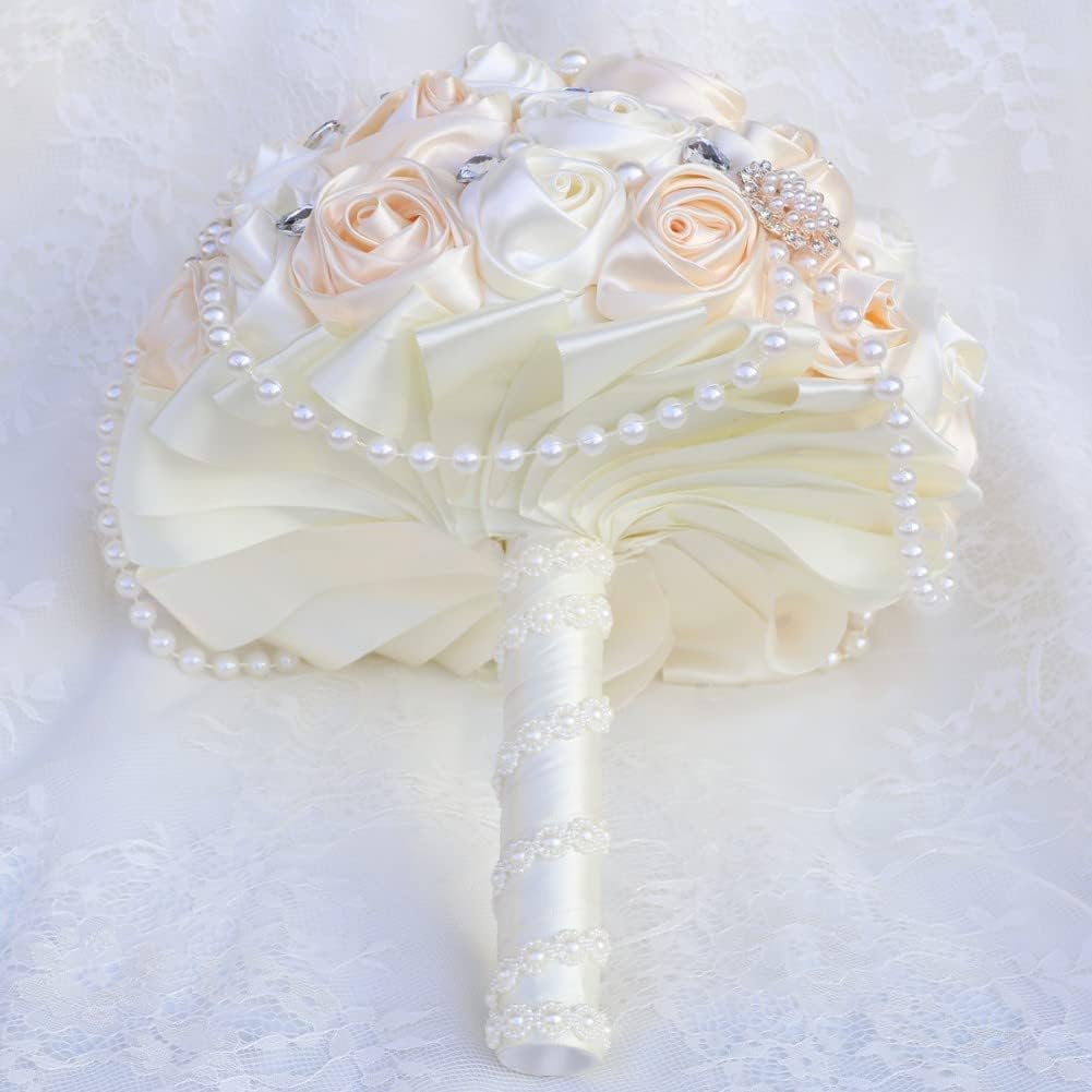 Ivory and Champagne Bridal Wedding Bouquet with Rhinestone Brooch Pearl String Cascade Bouquet for Bride Bridesmaid Quinceanera Satin Rose Flower Bouquet Wedding Champagne and Ivory 8.7in