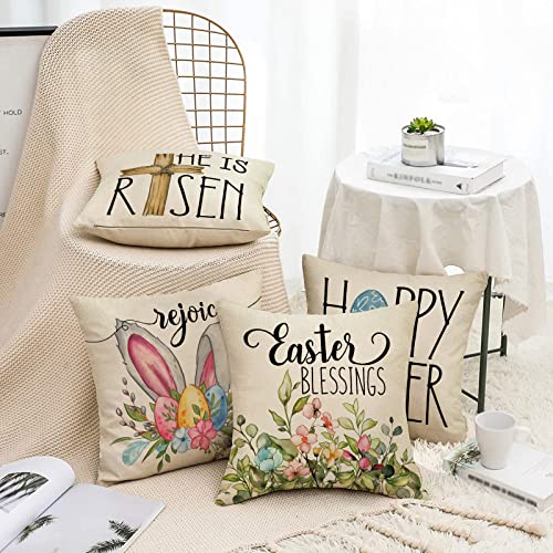 Fahrendom Happy Easter Eggs Bunny Decorative Throw Pillow Cover 18X18 Set Of 4, Religious Rejoice Rabbits Carrot Flower Blessings Outdoor Pillowcase, He Is Risen Cross Floral Cushion Case Home Decor #TOP4