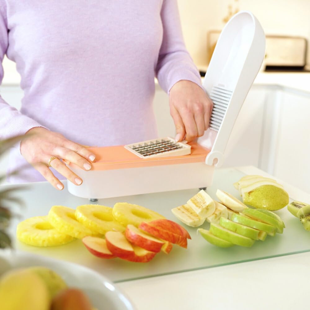 Durandal Coupe légumes et fruits sécurisé 3 lames inox tranche découpe frites rondelles dés râpe fromage bac récupérateur