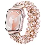 Fohuas Compatible for Apple Watch Bracelet 42mm 44mm Series 4 3 2 1, Crystal Beads Iwatch Band with Metal Chain Fashion Elastic Stretch Bling Wristband Strap for Women Girl, Pink