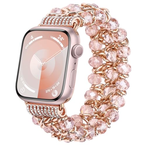 fohuas Compatible for Apple Watch Bracelet 42mm 44mm Series SE 6 5 4 3 2 1, Crystal Beads Iwatch Band with Gold Metal Chain Fashion Elastic Stretch Bling Pearl rose gold Wristband Strap for Women