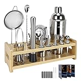 24-Piece Cocktail Shaker Set - MHIFYOY Bartender Kit - Stainless Steel Martini Mixer Bar Tools with Bamboo Stand, Ideal Gift Pack & Fine Mesh Strainer(Silver)
