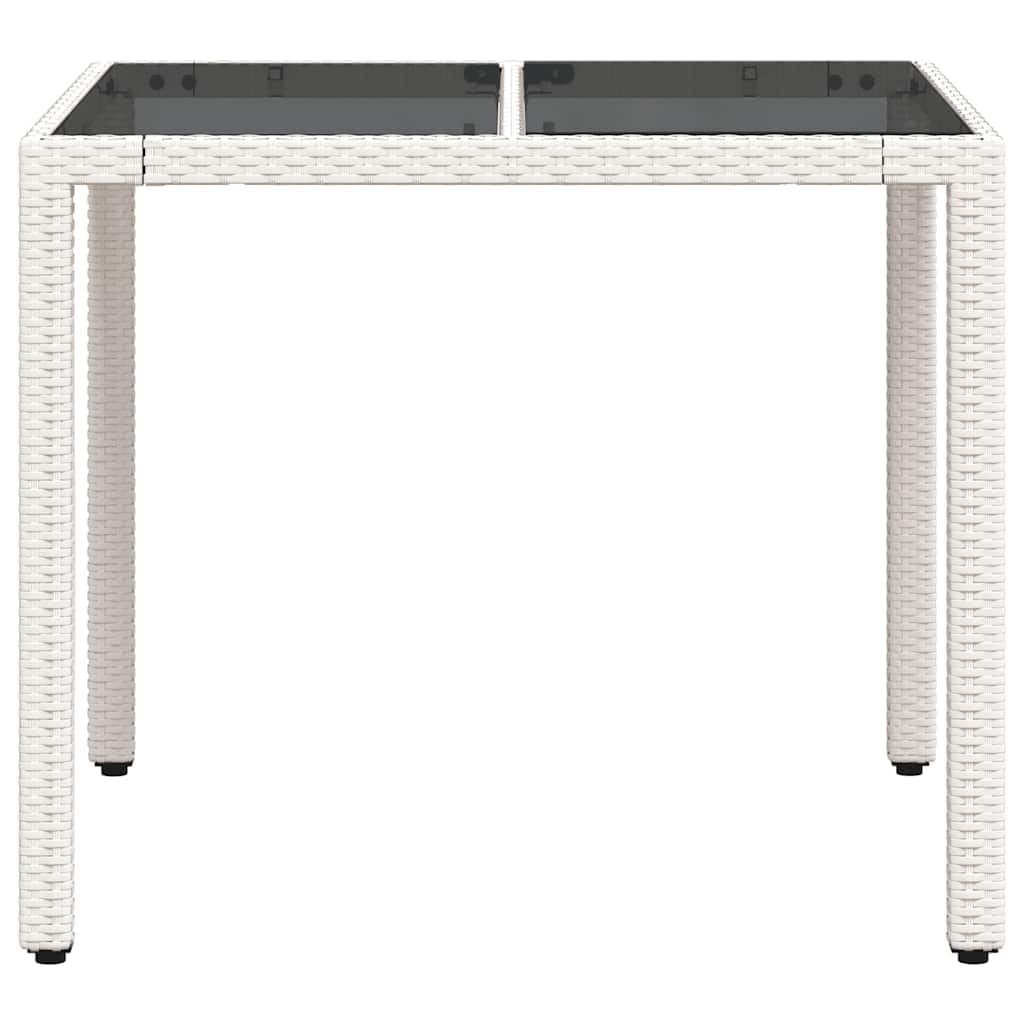Stół ogrodowy ze szklanym blatem, biały, 90 x 90 x 75 cm, polirattan, odporny na warunki atmosferyczne, stal malowana proszkowo, stół tarasowy, stół balkonowy, meble ogrodowe