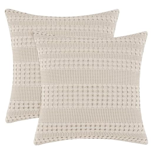 PHF 100% Cotton Waffle Weave Euro Sham Covers, 2 Pack 26" x 26" Pillow Covers for Elegant Home Decorative, No Insert, Decorative Euro Throw Pillow Covers for Bed Couch Sofa, Light Khaki/Linen