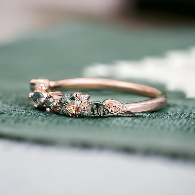 Leaf Vine Moss Agate Wedding Band Marquise Alexandrite and Moissanite Accents Dainty Promise Ring Handcrafted Elegant Bridal Jewelry for Her