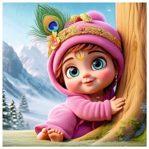 Image of Akki Wold Cute Eyes Pink Krishna Back Snow Mountain Wall Poster For Living Room, Office, Pooja Room (Size - 46CM X 46CM)